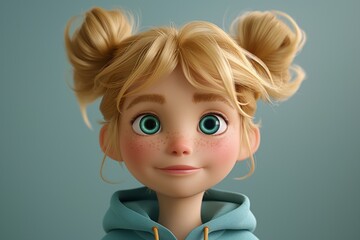 Cheerful cartoon girl with blonde pigtails and sparkling green eyes