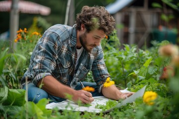 Fototapeta premium Eco-conscious Man Creating a Permaculture Garden for a Sustainable Home, Designing Self-Sustaining Ecosystems