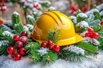 Vibrant red and green ornaments surround a hard hat adorned with festive holly and berries, blending construction and holiday cheer on a snow-dusted tree.