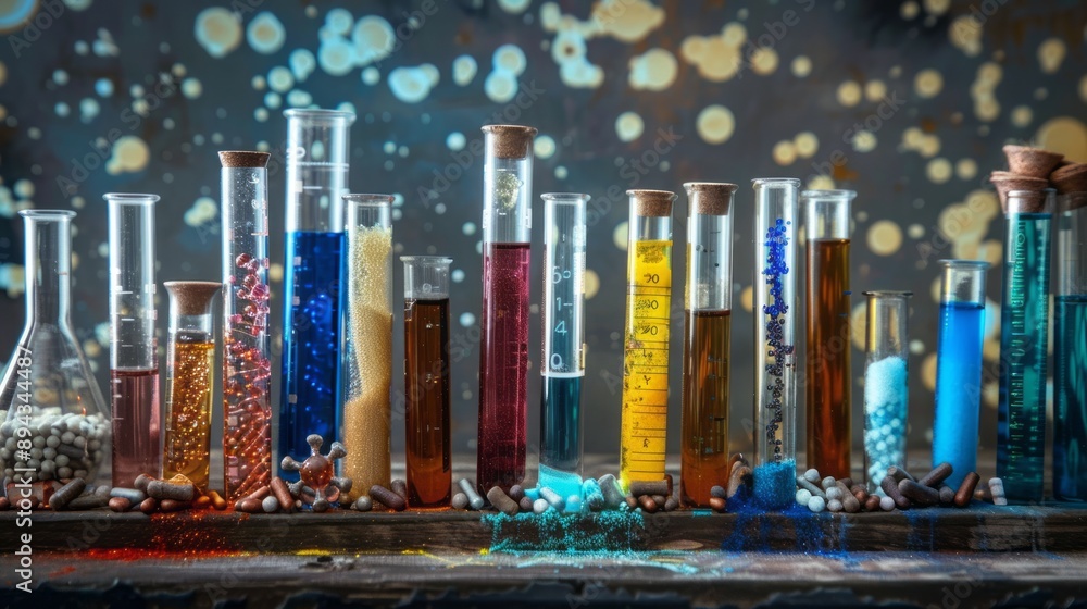 Sticker close-up of colorful test tubes with chemical solutions and 3d molecular structures, ideal for scien