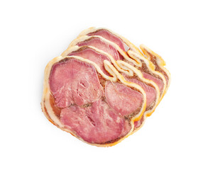 Sliced ​​pork tongue roll with spices isolated on white background. Meat delicacy.