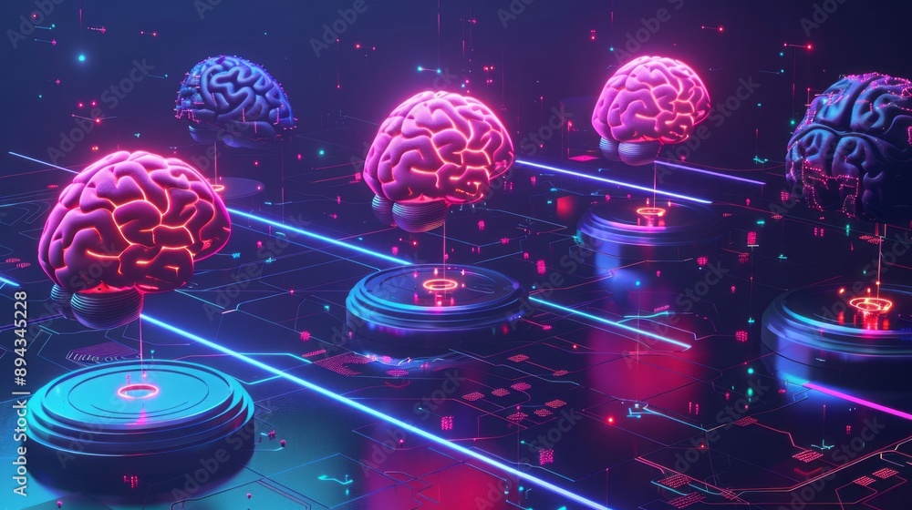 Poster isometric landing page with artificial intelligence: glowing human brains levitate on antigravity pl