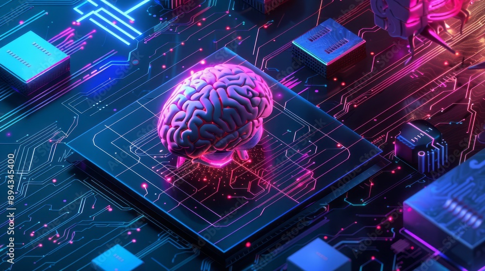 Poster isometric landing page with artificial intelligence: glowing human brains levitate on antigravity pl