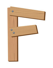 Wooden alphabet font, symbol F. Texture letter isolated on white, vector illustration. Typography typeface made of wooden planks