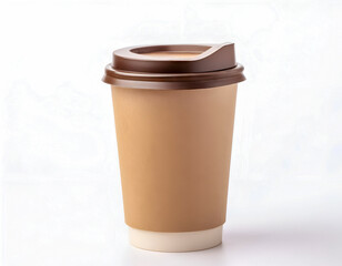 Coffee To Go: A single brown paper coffee cup with a brown lid, isolated on a white background. The cup is slightly tilted, with the lid slightly ajar, creating a sense of anticipation. The image is c