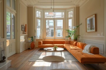 Interior of a classic living room with orange sofa and coffee table