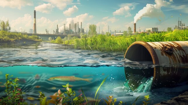 Industrial pipe leaking sewage and dirty water into a river, depicting wastewater pollution and environmental impact, highlighting issues of ecology and pollution in water systems