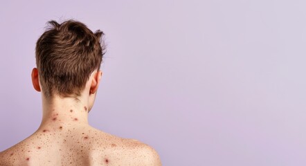 Man's back with acne on a light lavender background