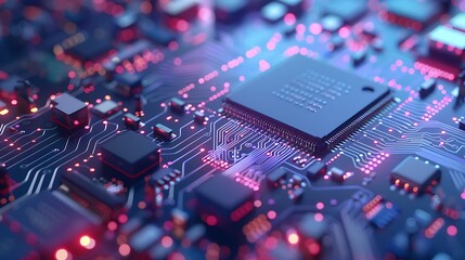 Fototapeta premium Circuit Board Microchip with Neon Glowing Lights for Modern Futuristic Digital Electronic Technology Concept.