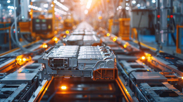 Electric car factory with batteries on the production line. These high-powered batteries are used in electric and hybrid cars.