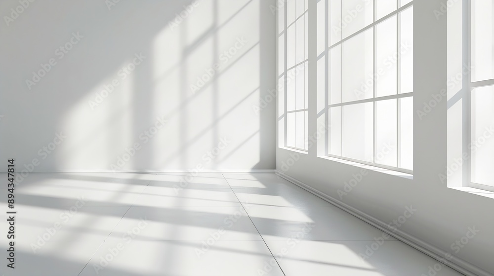 Fototapete Abstract white studio background for product presentation Empty room with shadows of window Display product with blurred backdrop : Generative AI