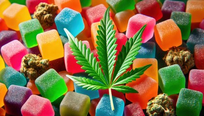 Colorful gummy cubes with a green cannabis leaf, gummy cubes in various colors