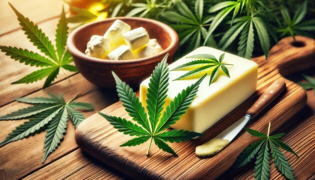 Cannabis leaves and butter on a wooden table, butter in a wooden container and a small bowl.