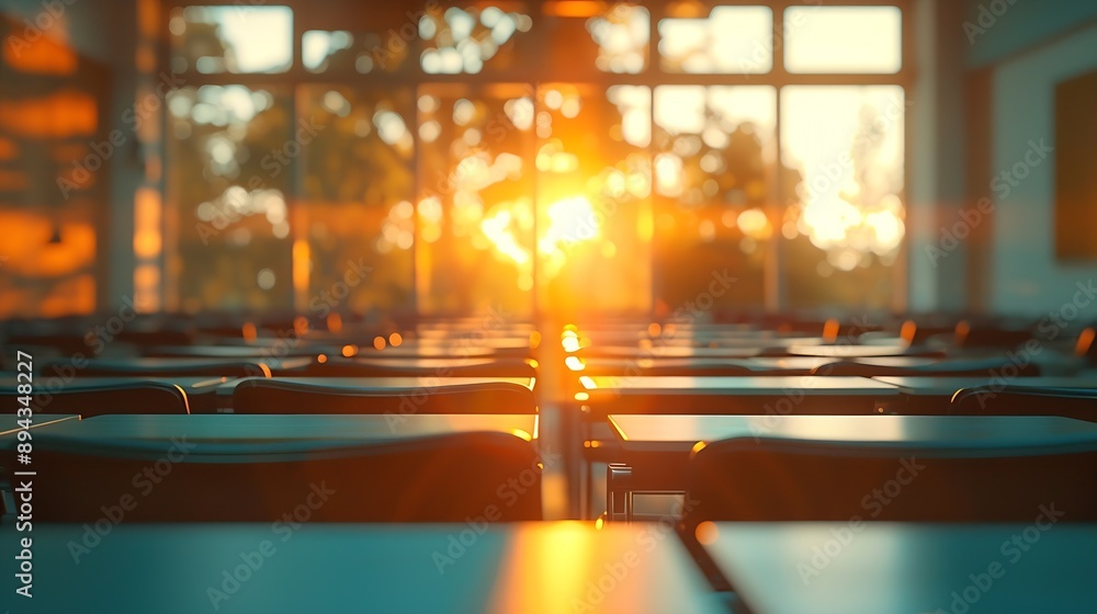 Poster blurred background of empty classroom lecture room or training center with sun light through the win