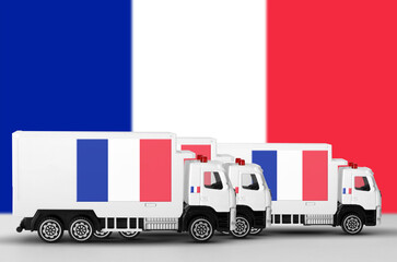 France flag depicted on side wall of white delivery van close up. Shipping and local delivery concept