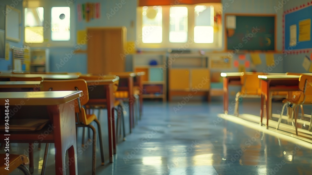 Aufkleber Shot of empty classroom with chairs under desks in elementary school School during vacation or holidays A teaching classroom without student during term break or the end of semester in : Generative AI
