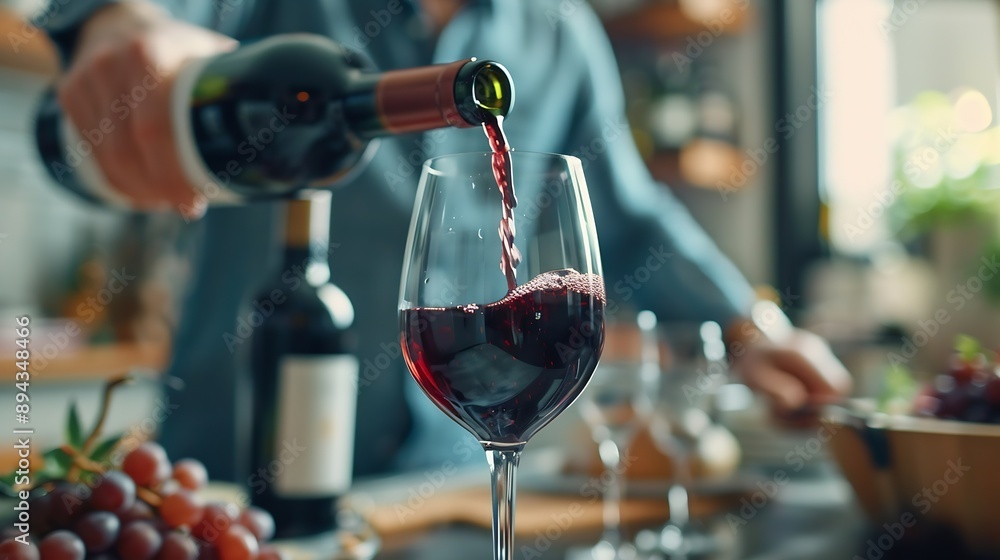 Poster man pouring red wine into glass at white table selective focus : generative ai