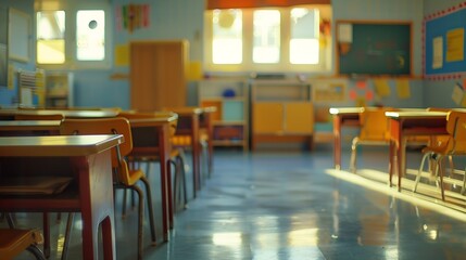 Shot of empty classroom with chairs under desks in elementary school School during vacation or holidays A teaching classroom without student during term break or the end of semester in : Generative AI