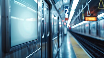Fototapeta premium Advertising poster banner on the wall of a train car in the subway Free space Outdoor advertising in public transport subway car : Generative AI