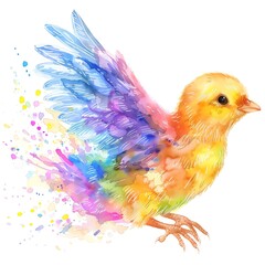 Obraz premium a flying rainbow chick, Easter symbol, watercolor effect, colorful and lively, isolated on white background