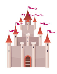 Fairy tale castle. Medieval royal mansion architecture. Beautiful fairy-tale tower for princess, historic fortified building. Knight castle, imagination concept. Isolated cartoon illustration