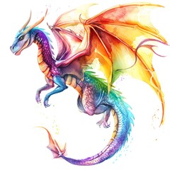 a flying rainbow dragon, magical creature, watercolor technique, vibrant and light, isolated on white background