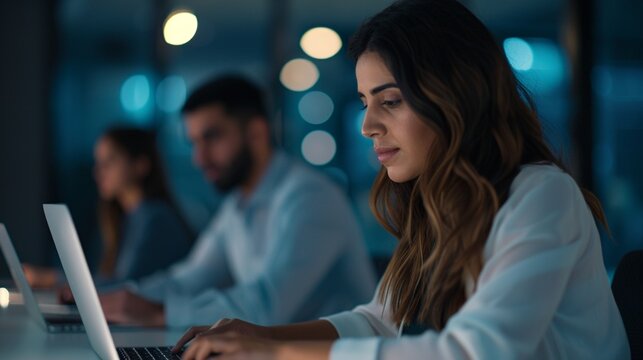 A multicultural team collaborating in a corporate training program, photorealistic, sleek office space, detailed laptops and documents, productive and interactive scene