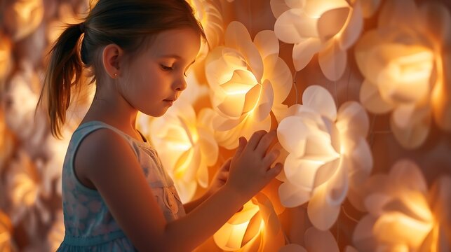 Girl of 6 in sundress turns on wall touch lamp Luminaire segments folded in a flower shape : Generative AI