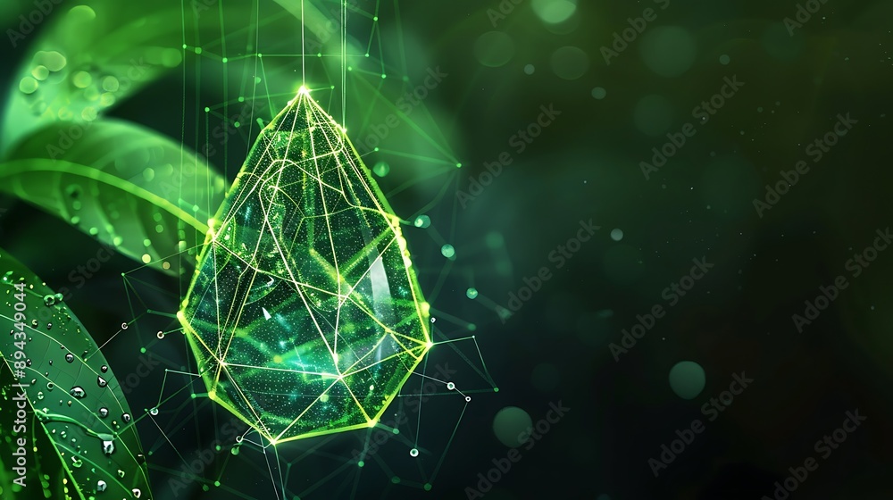 Poster abstract green water drops with digital connection network pattern shape for futuristic ecology orga