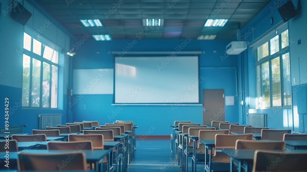 Poster empty classroom or conference room with projector and screen light inside windowsblue tone : generat