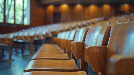 Empty university classroom with wooden chairs and desks Modern university lecture room without student : Generative AI