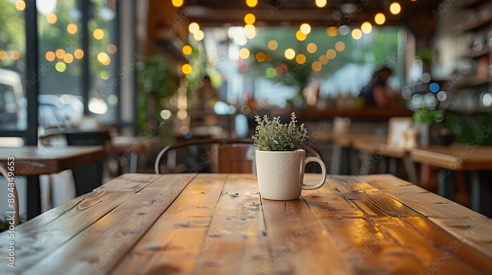 Poster empty table to showcase your product against the background of a blurred cafe golden bokeh High quality photo : Generative AI