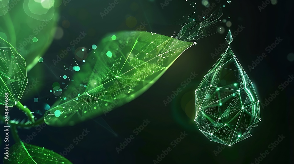 Poster abstract green water drops with digital connection network pattern shape for futuristic ecology orga
