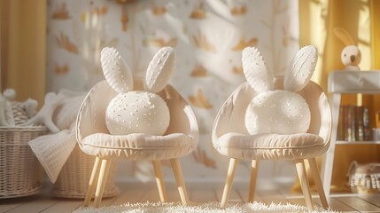 Cute chairs with bunny ears in childrens room interior : Generative AI