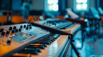 Horizontal image of empty music class with synthesizer and sheet music for playing music : Generative AI