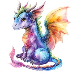 a serene rainbow dragon, mythical animal, watercolor illustration, peaceful colors, isolated on white background