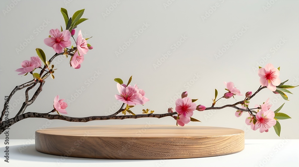 Poster Geometric empty podium wooden platform stand for product presentation and spring flowering tree branch with pink flowers on white background : Generative AI