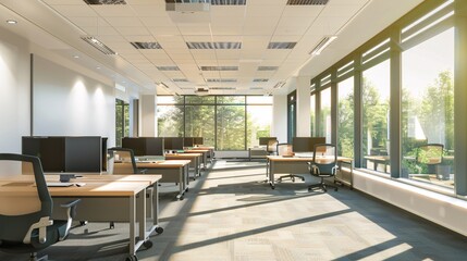 Bright and airy office space with empty desks and large windows