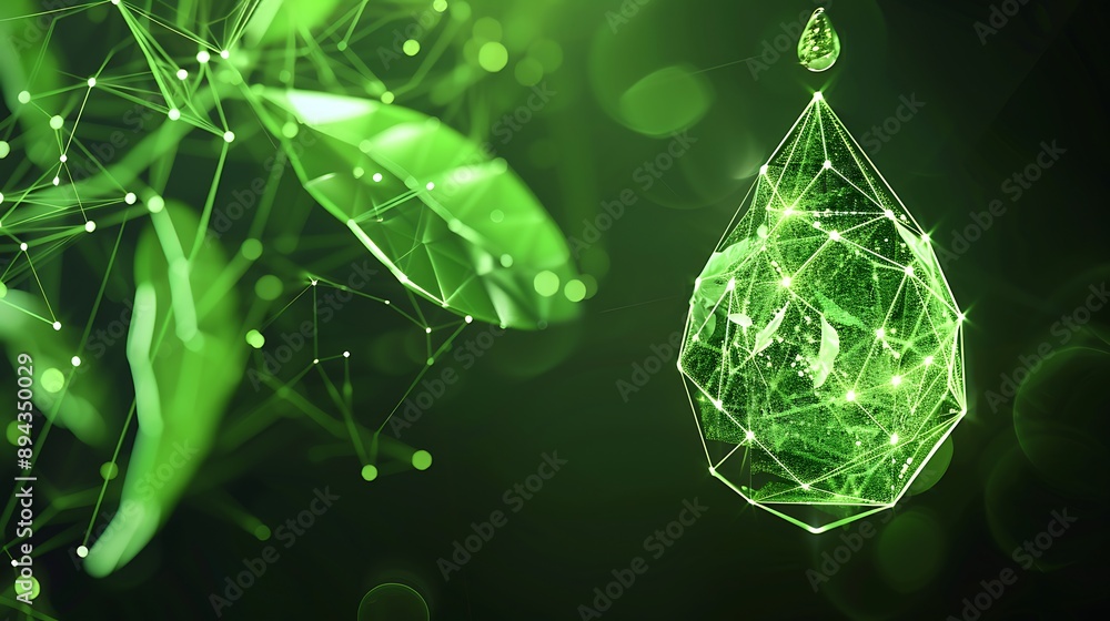 Poster abstract green water drops with digital connection network pattern shape for futuristic ecology orga