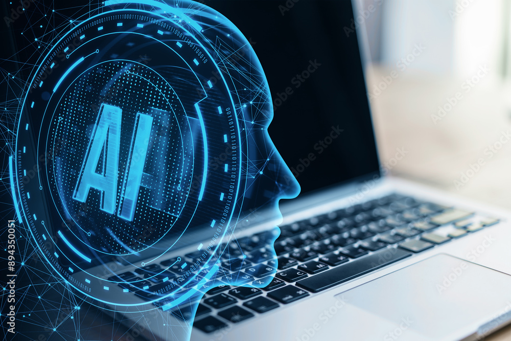 Poster close up of laptop on desk with creative ai head outline on blurry background. artificial intelligen
