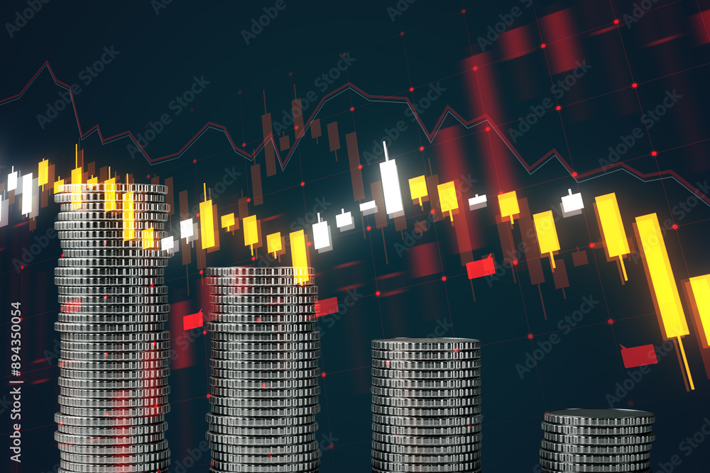 Poster stacked coins with falling red forex chart on dark backdrop. crisis, recession and fall concept.