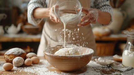 Making bread Woman pouring milk into bowl at wooden table closeup : Generative AI