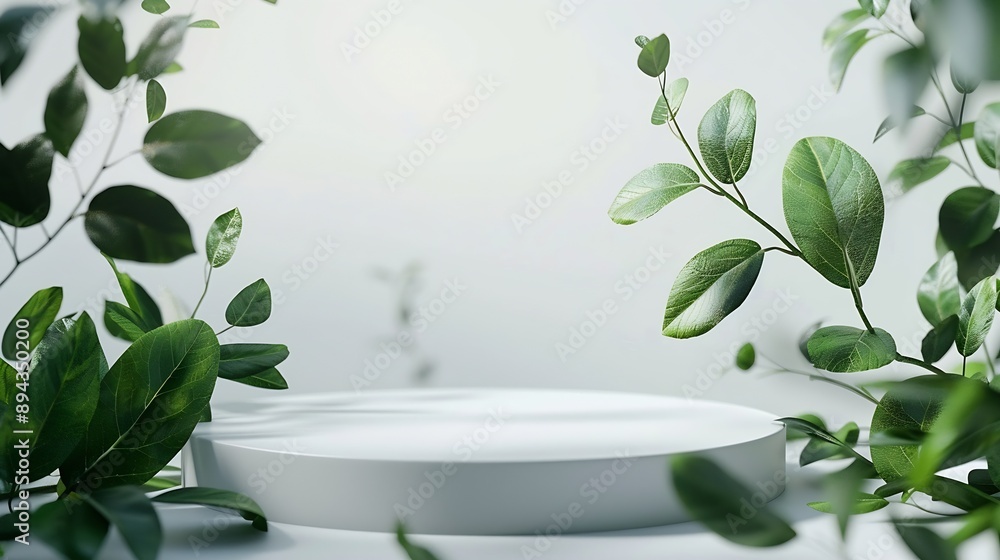 Poster empty round podium and green leaves on light grey background top view pedestal and fresh natural bra