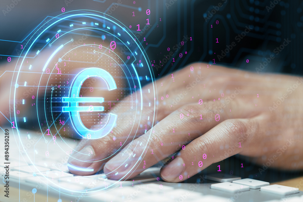 Aufkleber close up of man hands using laptop keyboard with digital euro sign on blurry background. digital ban