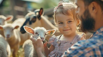 Adorable cute toddler girl and young father feeding little goats and sheeps on a kids farm Beautiful baby child petting animals in petting zoo man and daughter together on family weeke : Generative AI © Generative AI