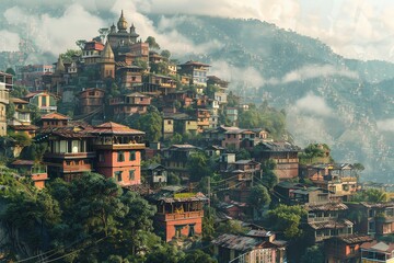 Fototapeta premium ai generative houses in misty mountains village