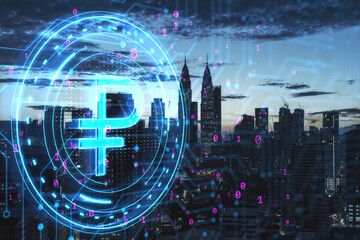 Creative digital ruble sign on blurry night city wallpaper. Digital banking, technology and cryptocurrency concept. Double exposure.