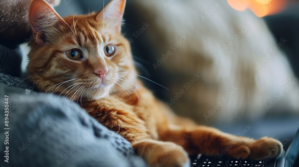 Poster Man facetiming from home holding pet using computer Ginger cat looking at laptop screen during video chat Online communication : Generative AI