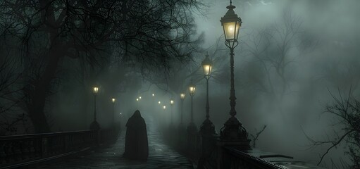 Mysterious Figure Walking Through a Foggy Forest Path.