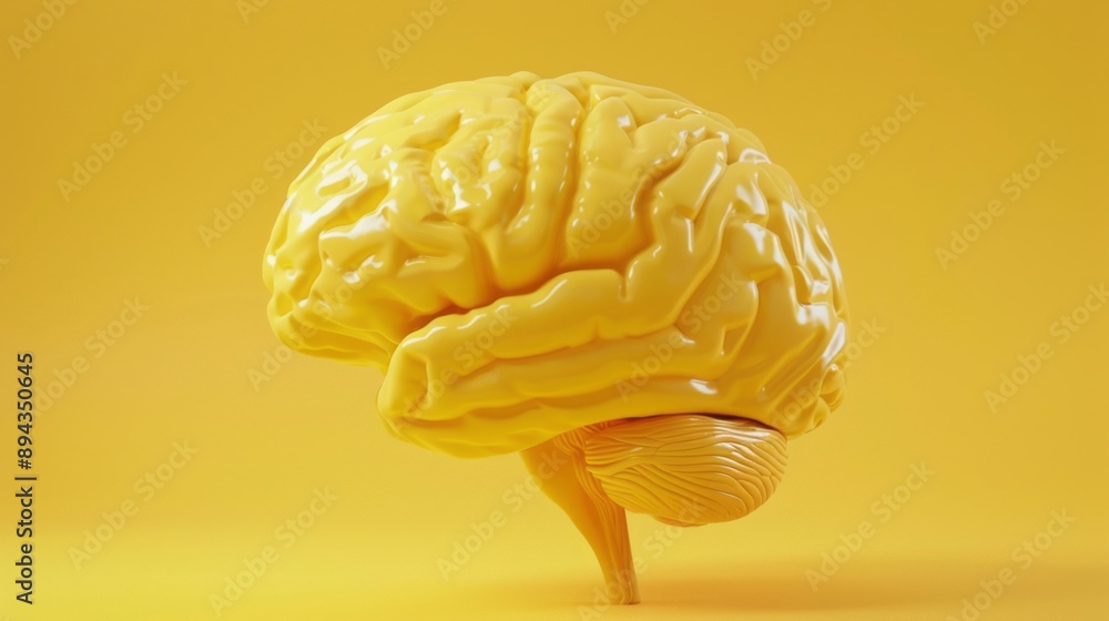 Poster detailed 3d rendering of a yellow human brain anatomical model, featuring intricate neural pathways 